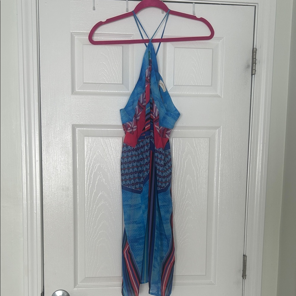 Gottex Blue and Red Patterned Halter Bathing suit coverup